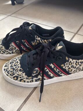 Women Adidas Rivalry Low Top Leopard Print Trainers with Black & Red Stripes